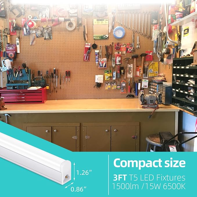 LED Shop Light 3FT, 15W 1500lm Super Bright 6500K 2 Pack | Linkable T5 LED Fixture and Under Cabinet Lights for Kitchen, Garage, Workbench, Corded Electric with Built-in ON/Off Switch