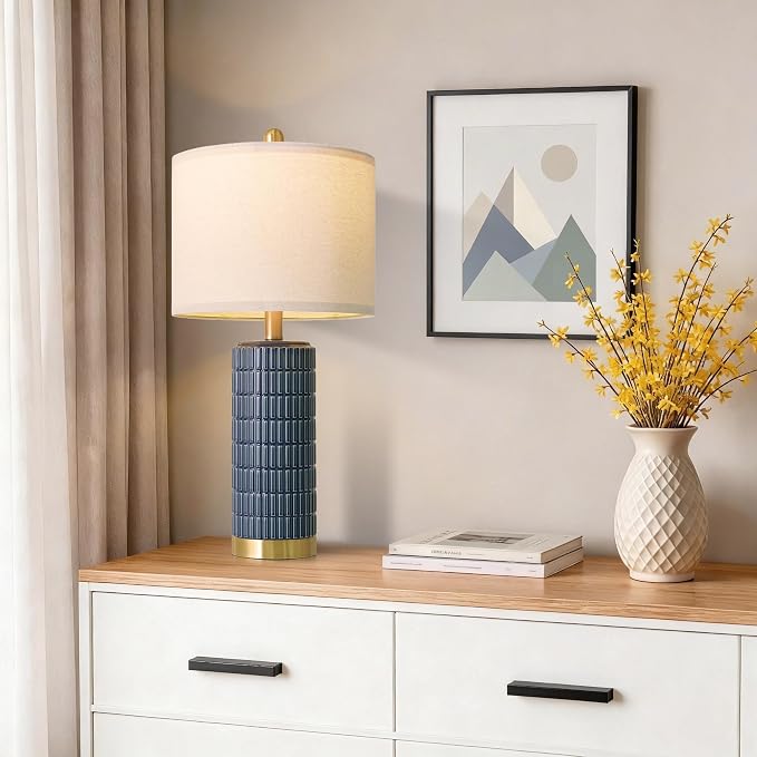 PoKat 25'' Blue Table Lamps for Bedroom Living Room Set of 2, Modern Ceramic Bedside Lamps with Gold Base for Office Sideboard Entryway Side End Table Nightstand Desk Lamps Home Gift (Dark Blue)