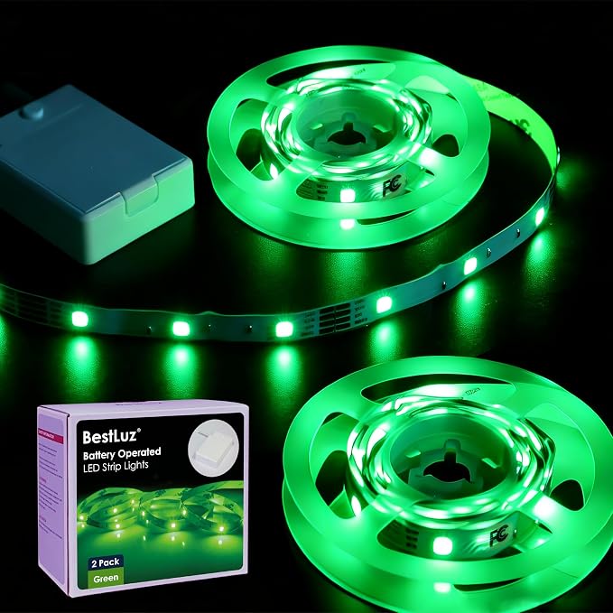 Battery Powered LED Strip Lights 2X 3.33ft Flexible Green Light Strip for Bedroom Room Decor, Lighting for Cabinet Shelf Closet TV Backlight