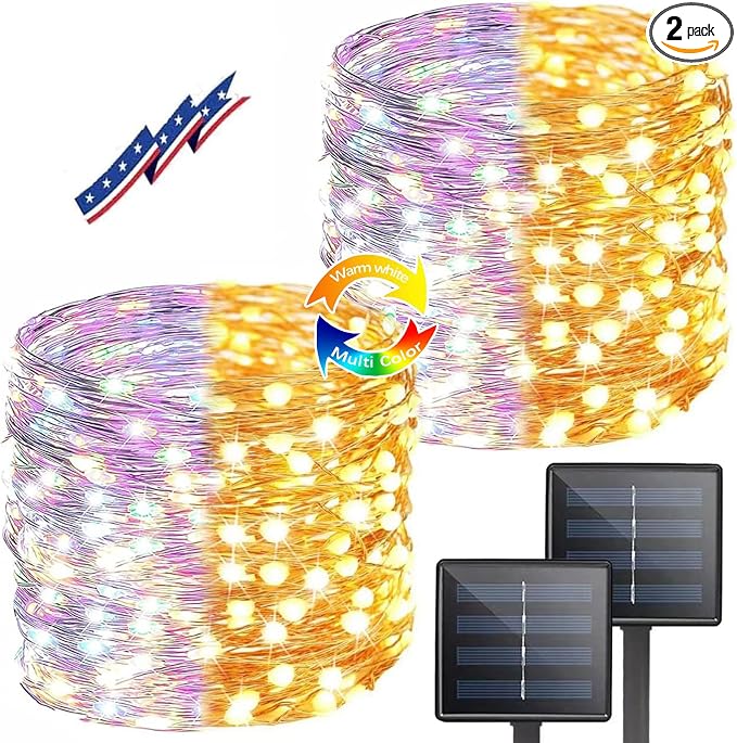 Solar Christmas String Lights Outdoor 2Pack 200LED, Warm White ⇋ Multicolor | Fairy Lights Waterproof, 8 Modes, Memory, Auto On/Off, Copper Wire Twinkle Lights for Outside Garden Tree Christmas Decor