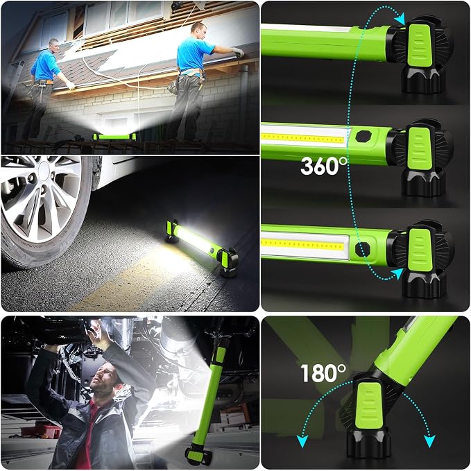 Ropelux Mechanic Work Light Bar with 2500LM 5200mAh Battery, Green 3 Pcs | 2-Level Brightness, 7500K Cool White, 4-10 Hours Runtime, Magnetic Bases, Hooks, 360° Rotating, Rechargeable, Tool Gift