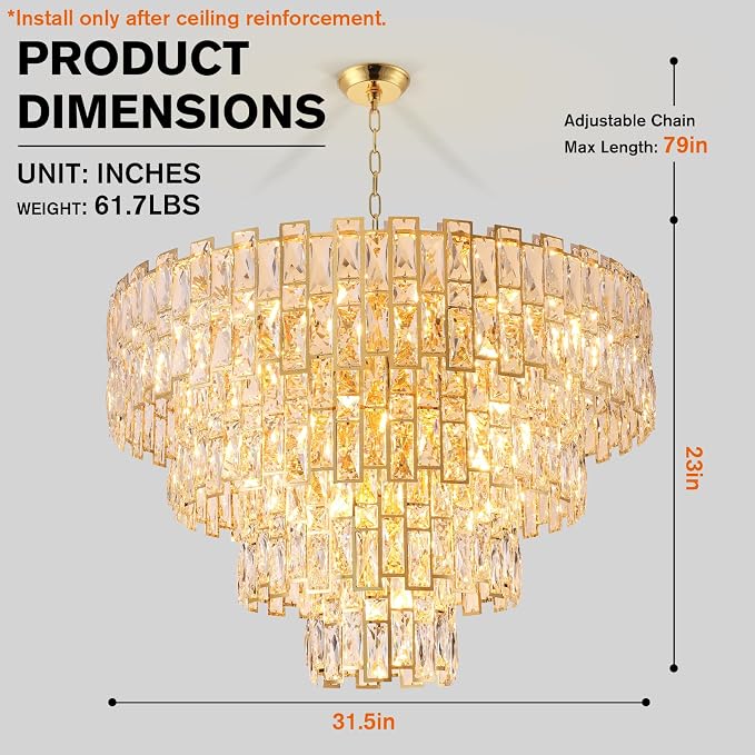 32" Luxury Crystal Chandelier for Dining Room, Modern Ceiling Light, French Empire Style with Premium K9 Crystals, Elegant Chrome Finish, Perfect for Living Room or Bedroom, 21-Light Fixtur (Gold)