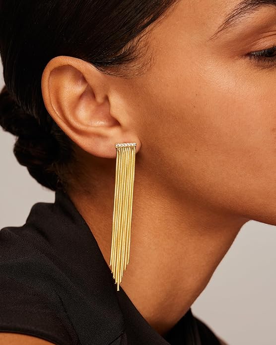 PAVOI 14K Gold Plated Long Tassel Dangle Earrings for Women - 925 Sterling Silver Posts Elegant Rhinestone Chain Chandelier Drop Earrings - Statement Jewelry