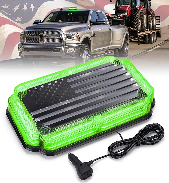 Xprite 108 LED Roof Top Strobe Light, US Flag Pattern Mail Postal Car Light Bar, Emergency Safety Warning LED Mini Strobe Lightbar w/Magnetic for Patrol Vehicles Law Enforcement Trucks Plows, Green