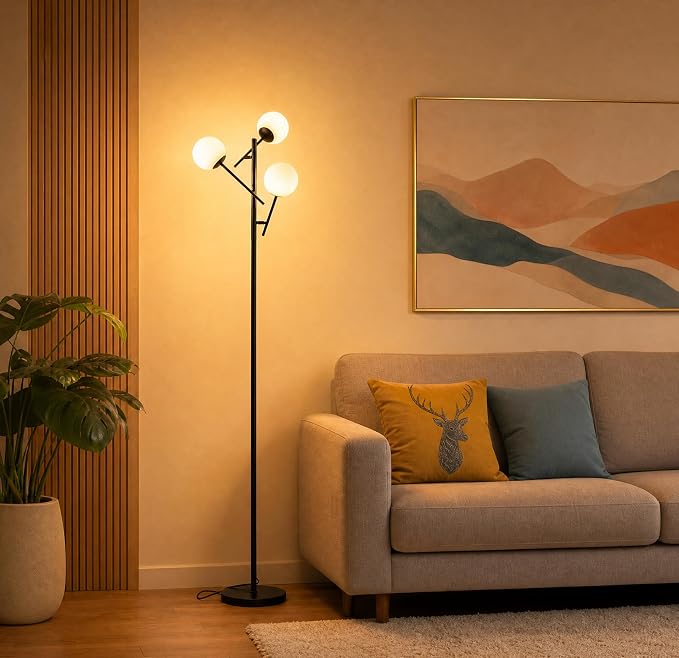 Fiqevs 3 Globe Floor Lamp for Living Room, Swing Arms Standing Tree Lamp | 3000K Warm White Light, 3 LED Bulbs Included, Adjustable Orb Glass Shade Mid Modern Lamp for Bedroom/Office, Matt Black