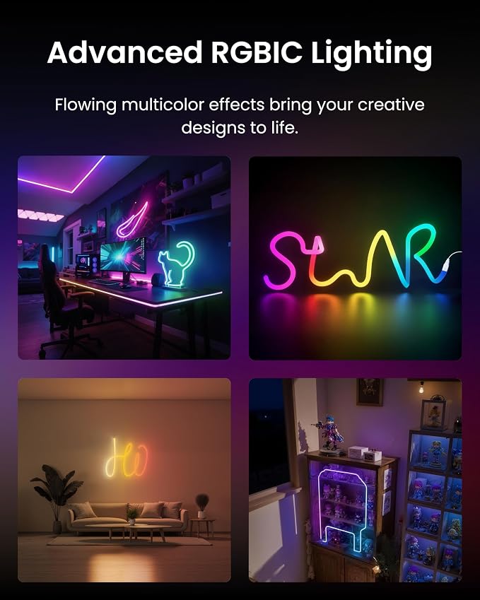 SwitchBot RGBIC Neon Rope Lights with Alexa, Matter-Certified Wire Rope Light, DIY Flexible Steel Core, Neon Lights for Wall & Bedroom, Works w Apple Home/Siri/Google, Music Sync, 16M Colors, 6.56ft