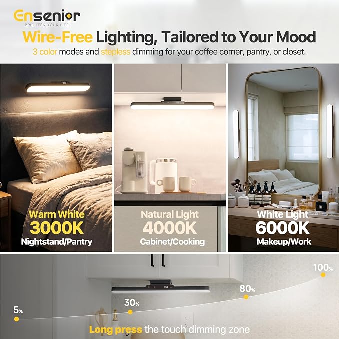 Ensenior 6W Mirror Lights with Remote, Rechargeable Vanity Light Bar 2P | 2500mAh, Dimmable, Eye-Friendly, 3 Colors CRI85+, Battery Display, Wireless, Remote Control, Magnetic 130° Rotatable,Stick on