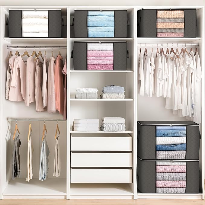 90L Large Storage Bags, 6 Pack Clothes Storage Bins Closet Organizers | Foldable Storage Containers, with Reinforced Handle, for Clothing, Blanket, Comforters, Bed Sheets, Pillows and Toys,Gray