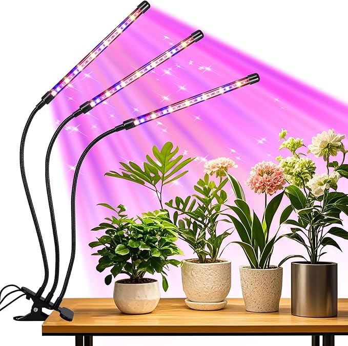 LED Plant Grow Light, Suitable for Indoor Plants, Full Spectrum Clip on Plant Growing Light with Red, Blue, Yellow Beads, 10 Brightness Levels, 3 Light Modes, 3/9/12H Auto Timer, 3 Head