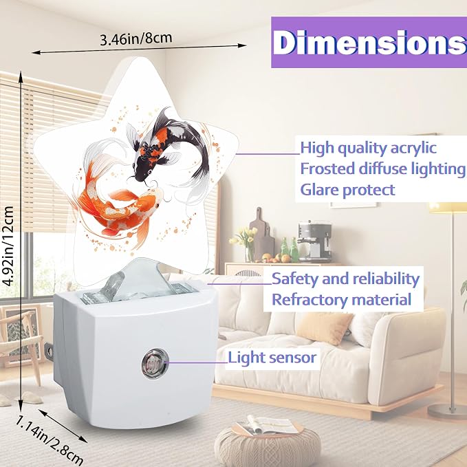 Japanese Koi Night Lights Plug Into Wall,Watercolor Fish Dusk to Dawn Light Sensor Night Light for Kids, Energy Efficient Sleep Friendly Lamp for Bedroom Bathroom Nursery