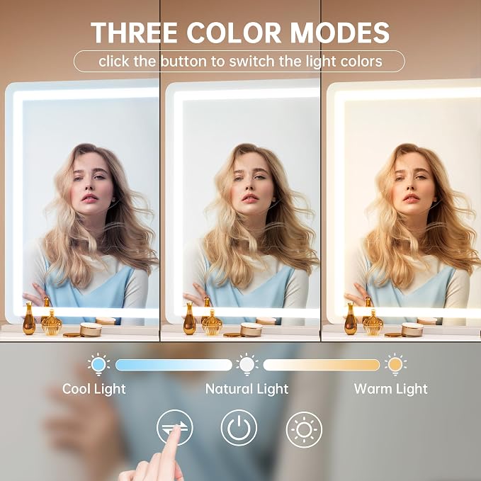 Hasipu Vanity Mirror with Lights, 41.3" x 30" LED Makeup Mirror, Lighted Makeup Mirror with Dimmable 3 Modes, Touch Screen Control Vanity Mirror Round White