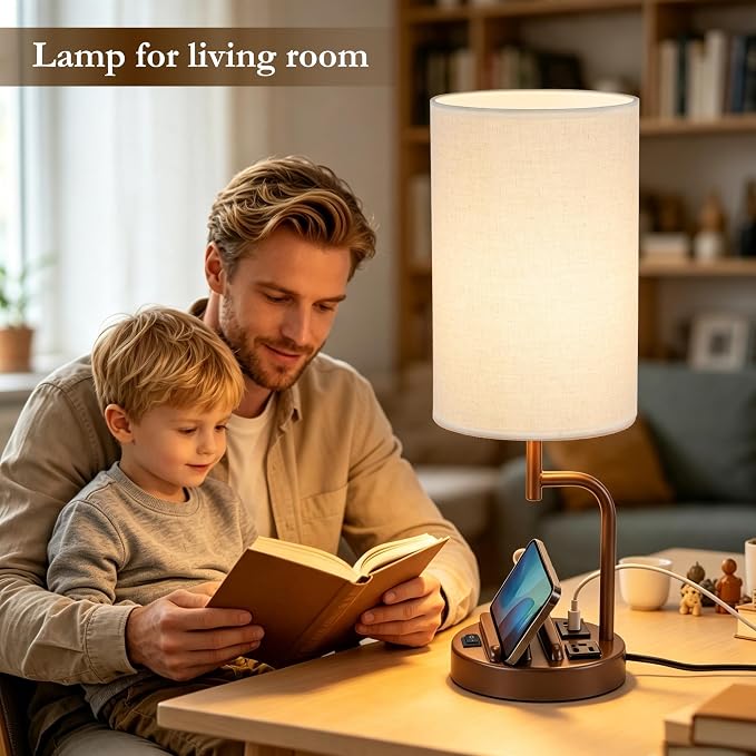 Dreamholder 2 Pack Table Lamp, Bedside Lamp with 3 USB Charging Ports & AC Outlet, USB Desk Lamp with 2 Phone Holders, Linen Fabric Shade Nightstand Lamps for Bedroom Living Room Office, Coffee Brown
