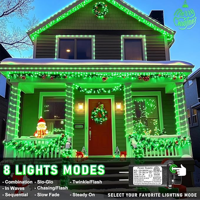 66FT 200 LED Rope Lights Outdoor Waterproof, Connectable Rope Lights for Outside with 8 Modes, Plug in String Lights for Indoor Fence Patio Garden Trampoline Deck Pool Decorations - Green