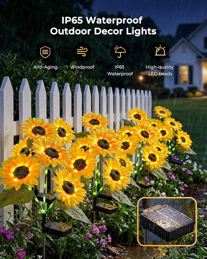 Brightown 3 Pack 3 Head Solar Sunflower Garden Stake Lights Waterproof | 9 glowing stem sunflowers, waterproof solar powered, auto on off decorative stakes for yard, patio, lawn outdoor decoration