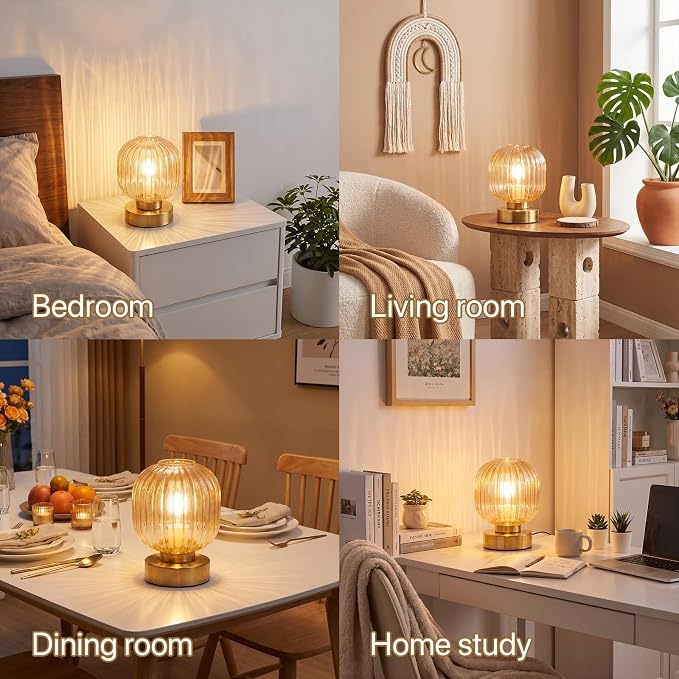 Elenhome Amber Touch Glass Table Lamp, 3-Way Dimmable Bedside Lamp, Vintage Mid-Century Modern Small Nightstand Lamp for Bedroom and Living Room, Ambient Mood Lighting, LED Bulb Included
