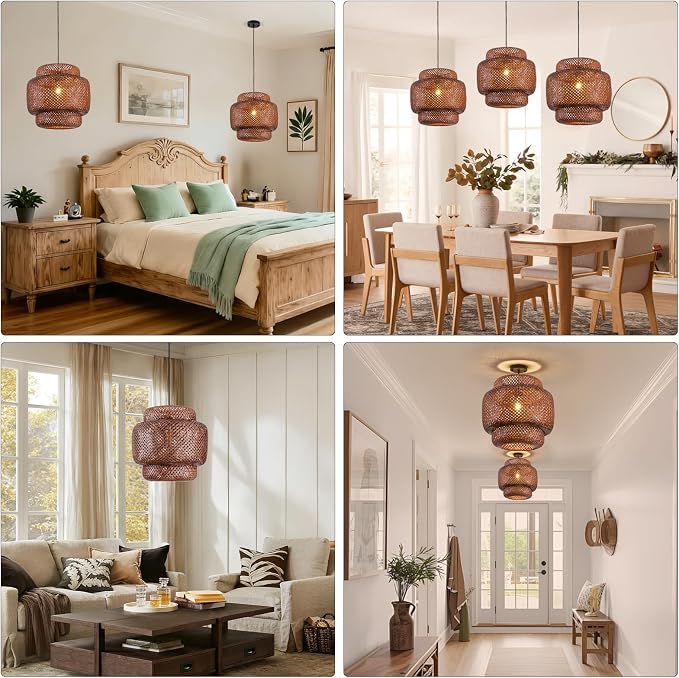 TeruTeru Ji Kaikang Bamboo Pendant Light,15.75" Curry Rattan Hanging Light | 1-Pack Brown Wicker Pendant Light,Hand Woven Chandelier for Kitchen Island Dining Bedroom Living Room Restaurants