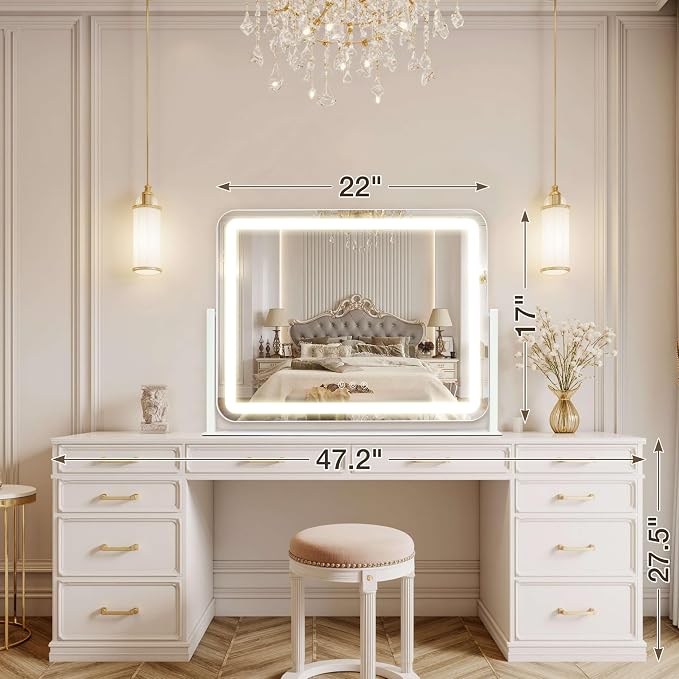 Vanity Mirror with Lights, 22"×17" LED Makeup Mirror | Smart Touch Control, Dimmable 3-Color Modes, Memory Function, 10X Magnifying Mirror, for Desk, Bedroom, Dressing