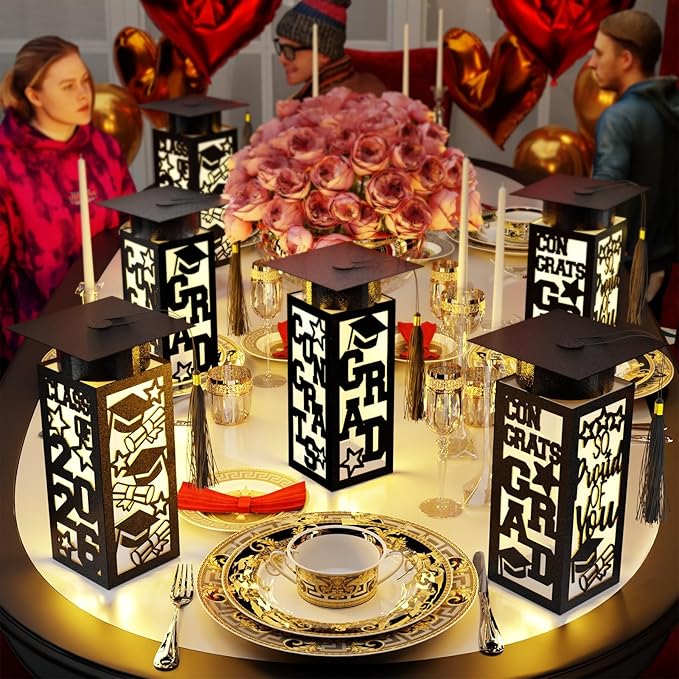 6 Pcs Graduation Table Centerpieces Boxes Class of 2026, Black Graduation Paper Lanterns Boxes with String Lights Hollow Out for Congrats Grad School College Table Decorations Grad Party Photo Props
