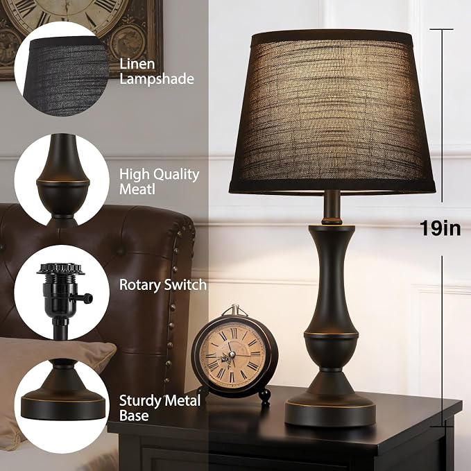 Luvkczc Table Lamp Set of 2, 19" Mordern Bedside Lamps for Living Room & Bedroom, Linen Shade Desk Lamps for Nightstand, Office, Study(Bulb not Included)
