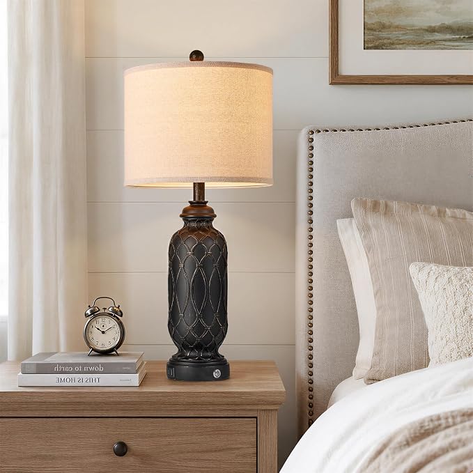 Black Farmhouse Lamps for Living Room Set of 2, 28" Bedroom Lamps Set of 2 with USB Ports, Dimmable Bedside Lamps Nightstand Lamps