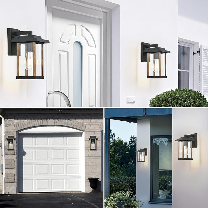 Outdoor Wall Sconce Outside Porch Light in Wood Grain & Black Finish
