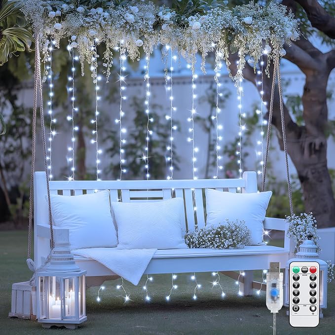 JMEXSUSS 200 LED White Curtain Lights, USB Powered, 6.5ft x 6.5ft | White Christmas Lights with Remote, 8 Modes Hanging String Lights for Bedroom Wall Wedding Party Backdrop Window Decor
