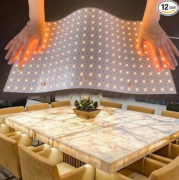 12-Pack LED Backlight Sheet 24V 36W 3000K Warm White, 19.3X9.6 inches Each Unit, Dimmable Flexible LED Panel Sheet for Backlit Translucent Stone/Marble/Onyx/Quartz Countertops Walls