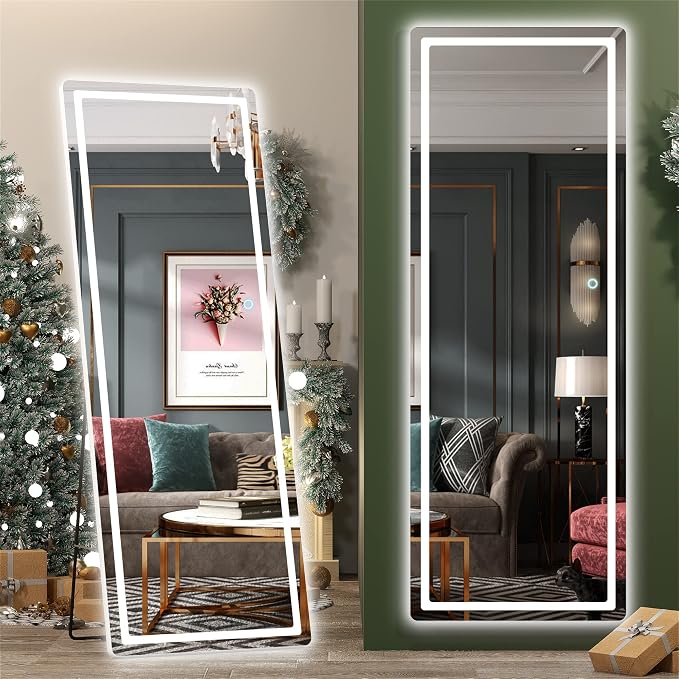 Hasipu Full Length Mirror with Lights, 65" x 22" LED Floor, Full Body Dressing Standing, Hanging Mounted Mirror, Round White