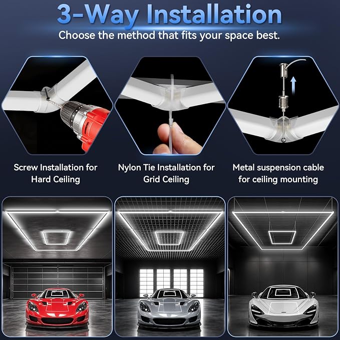 LZHOME LED Garage Lights: Super Bright Suspendable or Surface-Mounted Square Garage Lights, 5000K Natural White LED Lighting Hexagon Shop Light for Warehouse Gym Barber's Shop