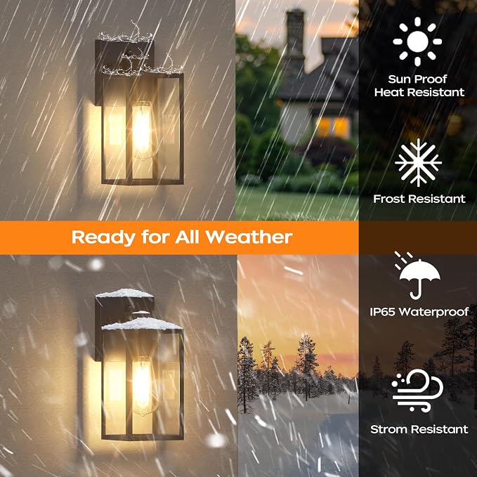 2Pack Dusk to Dawn Outdoor Lighting Fixture for House, Exterior Porch Light | 10.65 inch, Anti-Rust Metal Frame, Tempered Glass, E26 Base, Waterproof, Wall Sconce for House, Patio, Garage, Entryway