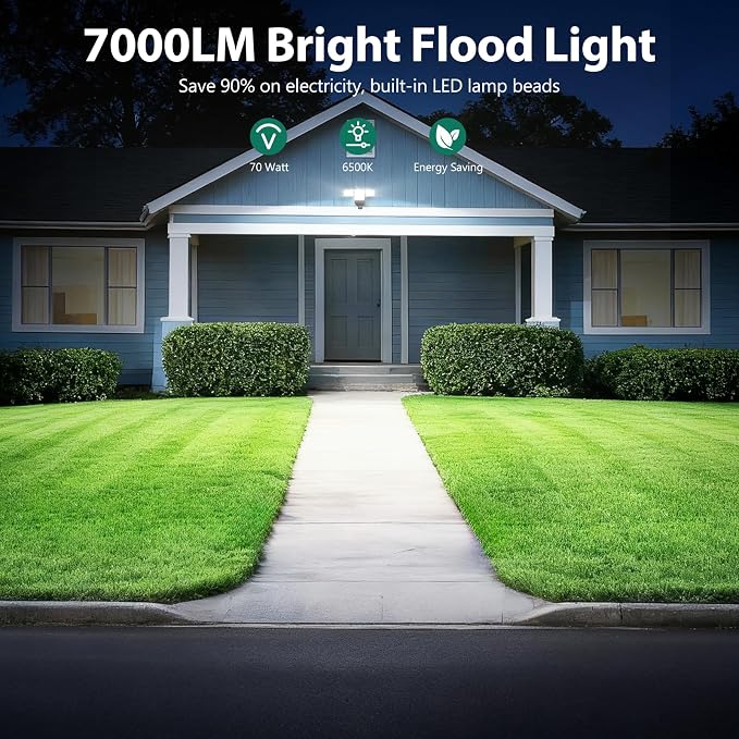 70W 7000LM Security Lights Outdoor, 4-Head LED Motion Sensor Flood Light, 6500K Daylight, IP65 Waterproof, 3 Modes for Yard Garage Porch (2)