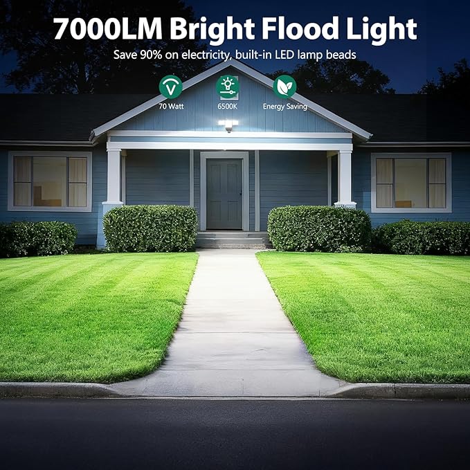 70W 7000LM Security Lights Outdoor, 4-Head LED Motion Sensor Light, Hardwired Dusk to Dawn Flood Light, 6500K Daylight, IP65 Waterproof, 3 Modes for Yard Garage Porch (1)