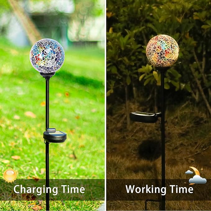 VCUTEKA Decorative Solar Garden Lights, 3.5" Mosaic Globe Outdoor Stake | Mosaic Glass Globe Design, Solar LED Light, Waterproof Design, Auto On/Off and Metal Stake Design for Lawn and Patio