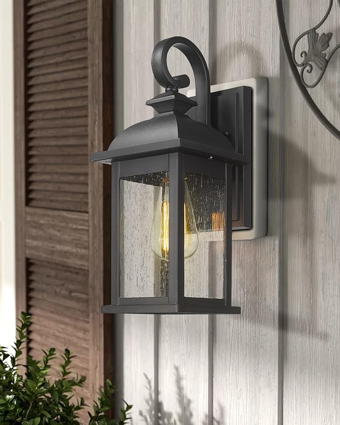 FEMILA Outdoor Wall Sconce, 15" Matte Black Seeded Glass Outdoor Sconce Lights, Front Porch Light Fixtures Wall Mount, Garage Lights for Patio, Entryway, Garden, E26 Base, 4FD54B BK
