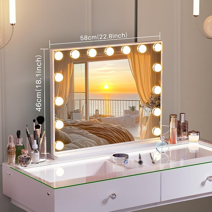 FENCHILIN Vanity Mirror with Lights and Bluetooth Speaker 22.8"x 18.1" Makeup Mirror Lighted Hollywood Mirror with 15 Dimmable LED Bulbs USB Charge Port, 3 Color Lighting Modes Tabletop