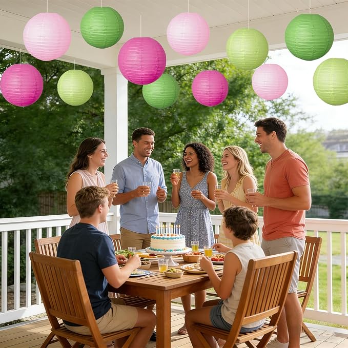 12 Pcs Paper Lanterns Party Decorations Pink Green Round Hanging Paper Lanterns Assorted Sizes Paper Lanterns for Birthday Baby Shower Wedding Bridal Shower Hawaiian Luau Jungle Theme Party Decoration