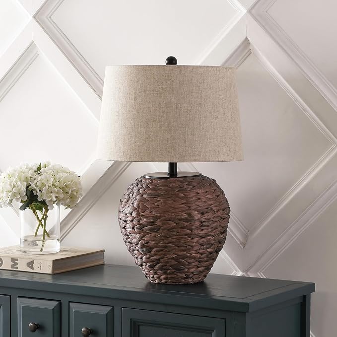 JONATHAN Y Alaro Table Lamp Woven Water Hyacinth Basket 24.5", Dark Brown | Farmhouse Coastal Decor, Beige Linen Drum Shade, Metal Frame, LED Bulb Included, Rotary Switch, UL Listed