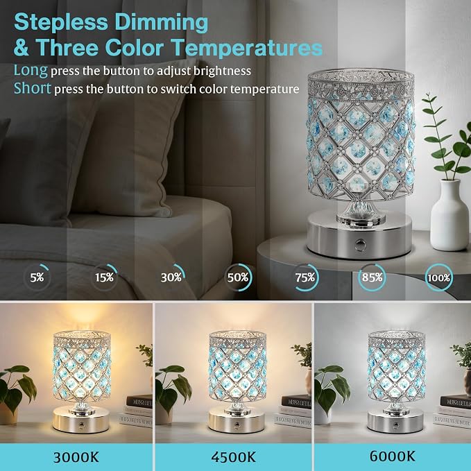 Blue Crystal Rechargeable Cordless Table Lamp, Touch Small Desk Lamp | 6000mAh Battery, 3 Color Temps, Stepless Dimming, USB Charging, Portable Wireless Night Light for Bar Bedroom Living Room