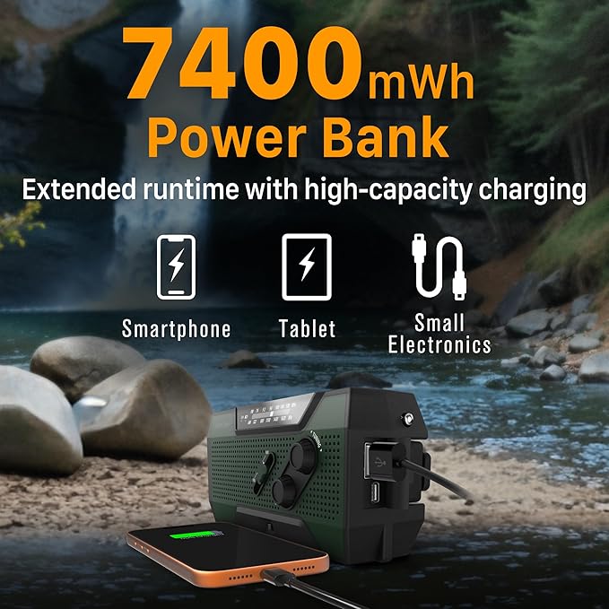 FosPower NOAA Emergency Weather Radio A1 7400mWh Portable Power Bank, AM/FM, USB/Solar/Hand Crank Charging, Battery Operated, SOS Alarm & Flashlight for Indoor/Outdoor Emergency - Green