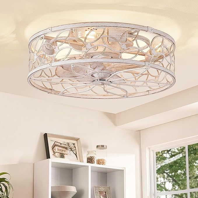 LEDIARY Caged Ceiling Fan with Light, Flush Mount Fandalier with Remote | Low Profile, Farmhouse Small, Bladeless Industrial, Quiet DC Motor, App Control for Bedroom, Kitchen, Dining Room, White Gold