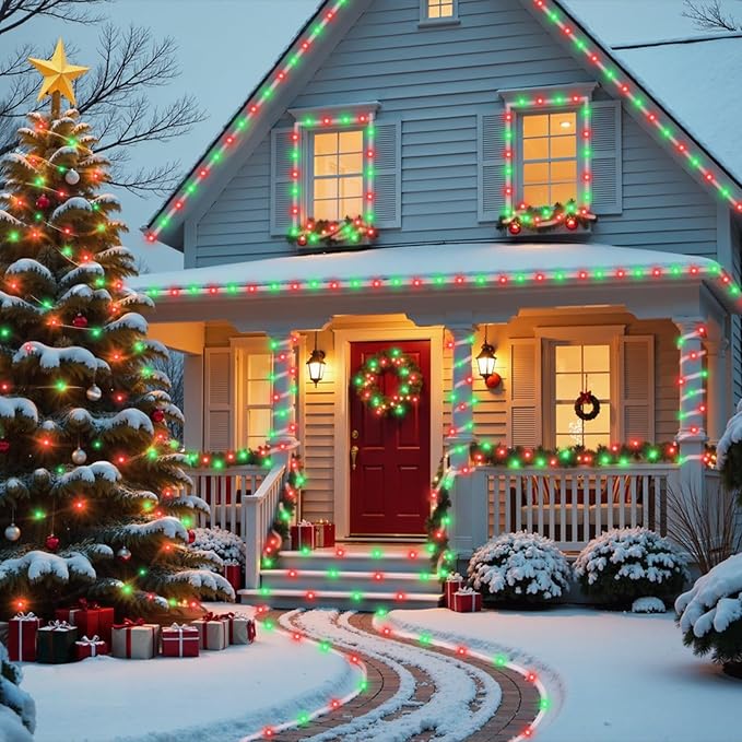 YEGUO Solar Rope Light Outdoor Waterproof, 66ft 200 LED Red and Green String Lights, 8 Modes Tube Christmas Lights in Clear Thin Tube