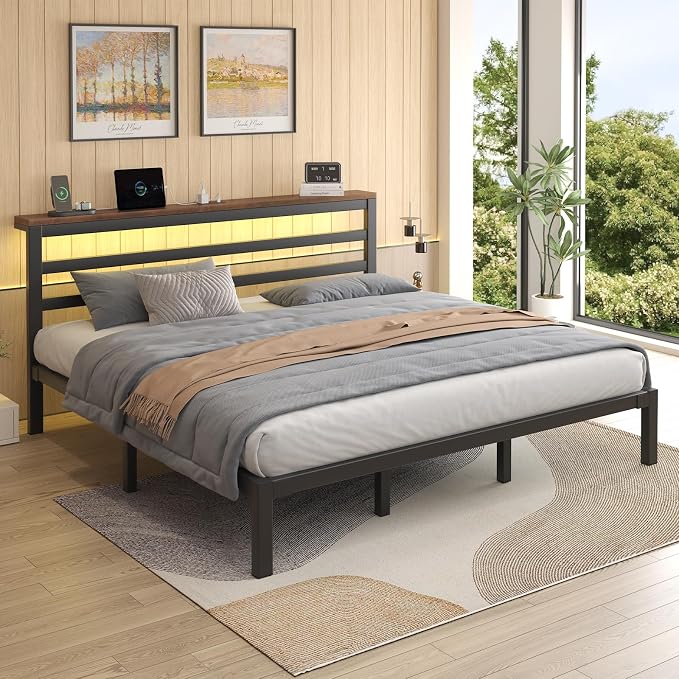 LOEWAY King Size Metal Bed Frame with Storage Headboard & LED Lights, Black | Built-In Charging Station, Under-Bed Storage, Heavy Duty Metal Slats, No Box Spring Needed, Solid and Stable, Easy Assembly