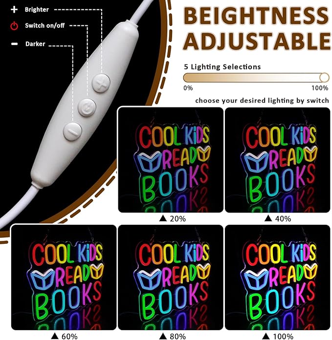 Cool Kids Read Books Neon Sign for Wall Decor, Reading Led Signs for Library, USB Dimmable Neon Lights for Classroom Reading Corner Bedroom Study Room Home Book Club Motivational Wall Art