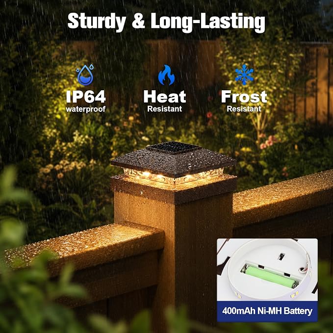 APONUO Solar Post Cap Lights for 4x4 Posts - IP64 Waterproof, Warm/Cool White, Wireless Fence Lights & Deck Lights for Patios, Gardens, and Yards, Brown,12 Pack