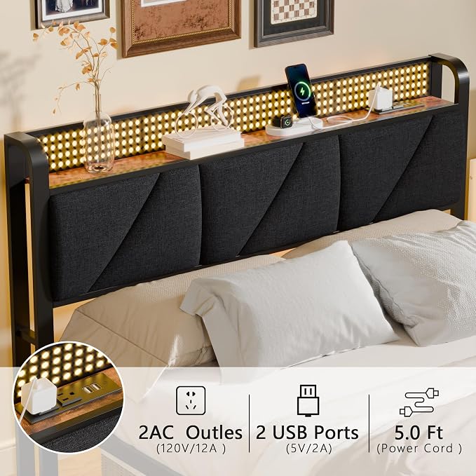 Queen Bed Frame with Storage Shelf and Upholstered Headboard | Metal Platform Bed with LED Light, Charging Station and Heavy Duty Slats, No Box Spring Needed, Noise Free & Easy Assembly