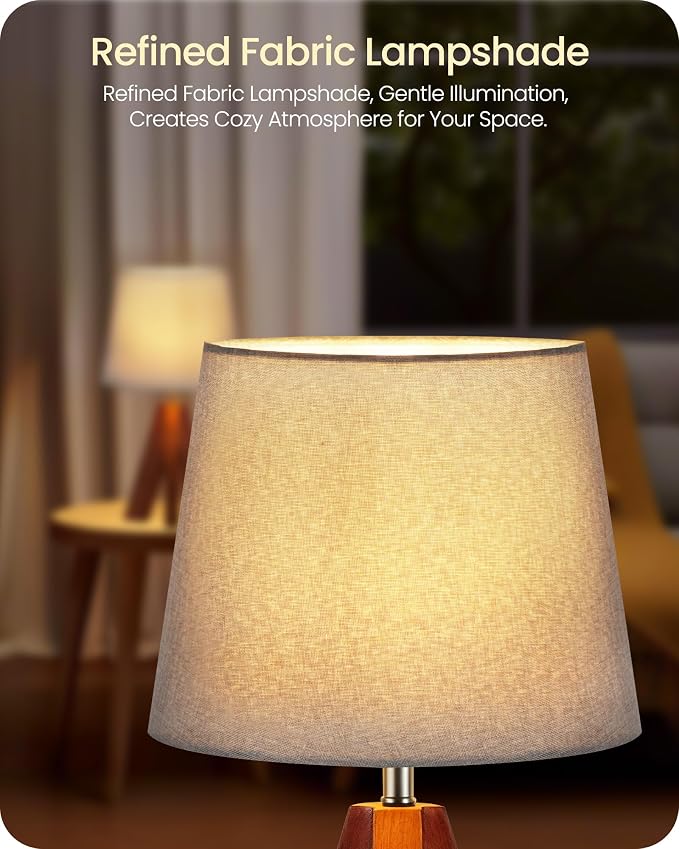 Tripod Table Lamp, 14.6" Small Bedside Lamp with Gray Linen Shade & Dark Wood Base, Modern Nightstand Lamp for Bedroom, Kids Room, Living Room, Nursery, Office, E26 Socket, LH51TL05