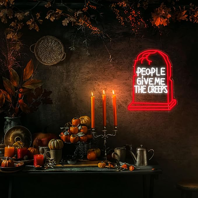GNVETZLL Halloween Neon Sign for Wall Decor Halloween Tombstone Neon Light Creeps Ghost LED Light up Sign for Party Gift Trick or Treat Party Backdrop