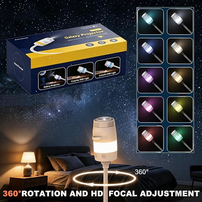 Galaxy Projector Night Light, 2-in-1 USB Portable Galaxy Star Projector Night Light, LED Ceiling/Wall Projection Lamp with 360° Rotation, USB Power for car and Bedroom, Decoration for Adults and Kids