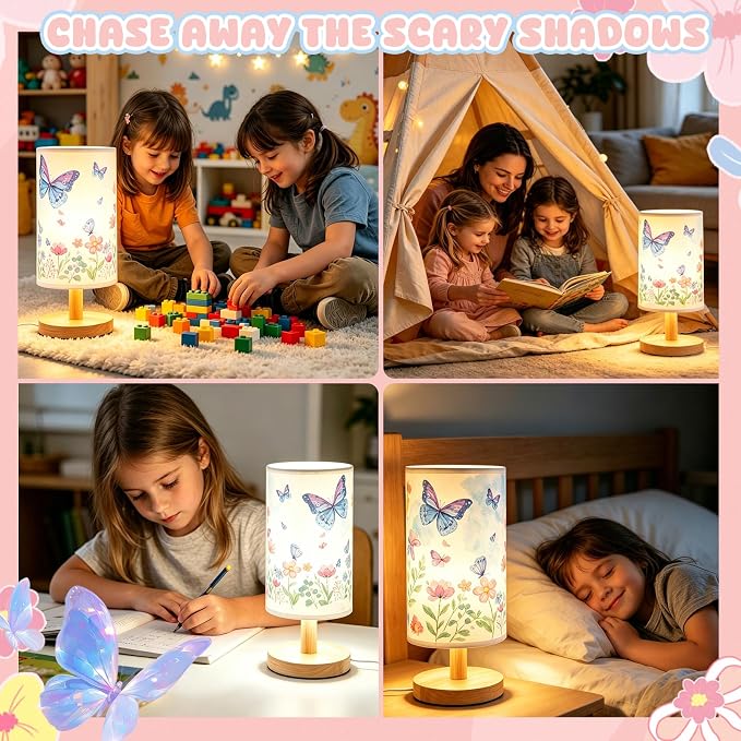 Butterfly Table Lamp for Kids Bedroom, 3-Way Dimmable Bedside Lamp with Wooden Base and Fabric Shade, Floral Butterfly Nursery Night Light for Girls Room Decor, Cute Butterfly Gifts for Kids