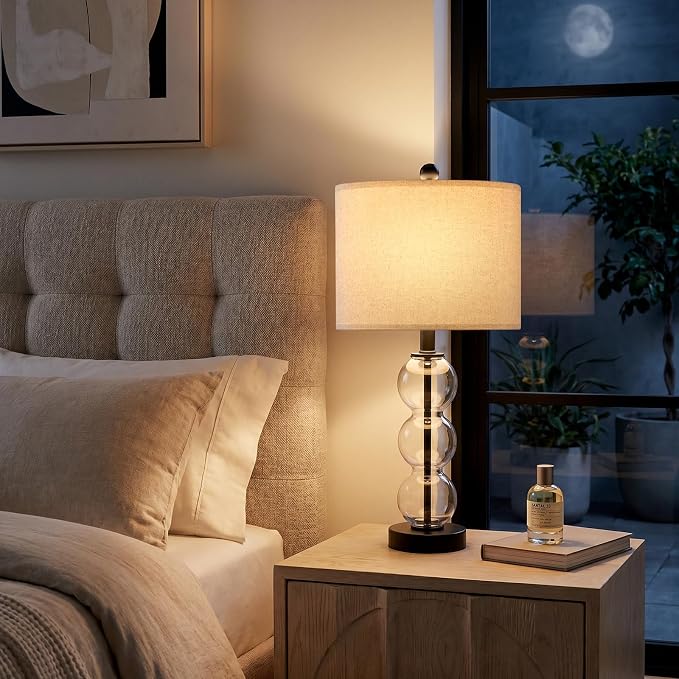 25" Glass Table Lamps Set of 2, Black Modern Table Lamps with USB Ports for Living Room, Linen Shade Bedside Lamps for Bedroom, Nightstand, Side Table (Bulbs not Included)